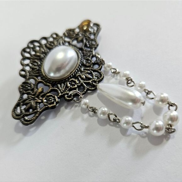 Vintage Faux Pearl Teardrop Filigree Dangle Chains Victorian Style Brooch Pin - Picture 3 of 7